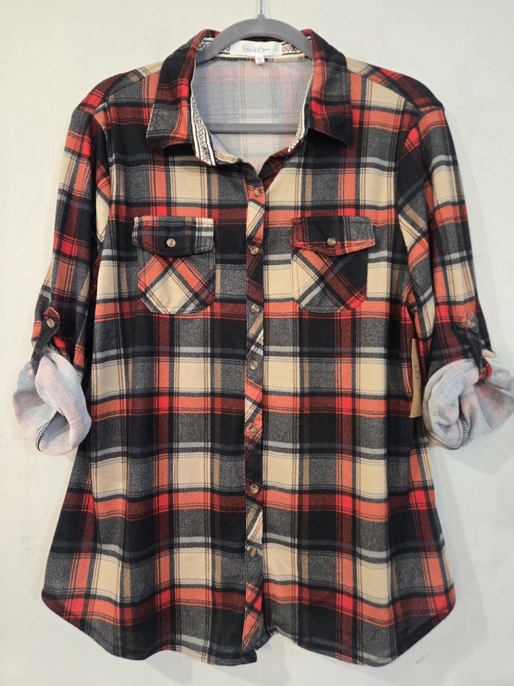 Eden & Olivia Red, Black & Cream Plaid Button-Down Shirt. Brand New With Tags.